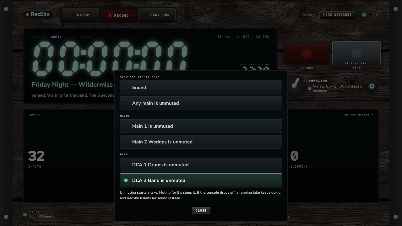 The auto-arm chooser over the Record screen. Auto-arm starts when: Sound; Any main is unmuted; Main 1 is unmuted; Main 2 Wedges is unmuted; DCA 1 Drums is unmuted; DCA 3 Band is unmuted, which is selected. A note says unmuting starts a take, muting for 5 s stops it, and if the console drops off a running take keeps going.