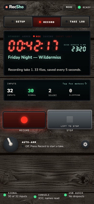 RecSho on an iPhone, recording: the red clock at 00:42:17, the show name, the line Recording take 1. 33 files, saved every 5 seconds, the inputs strip with 32 inputs and 30 with signal, large Record and Stop keys, the auto-arm lever, and the Signal, Console and USB audio lamps.