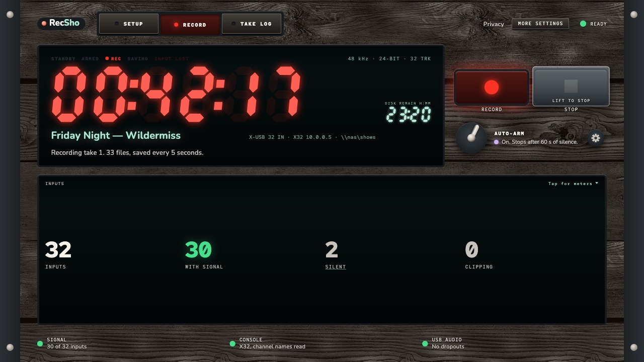 RecSho on a Mac, recording. A red seven-segment clock reads 00:42:17, the show is Friday Night — Wildermiss, and the line under it says: Recording take 1. 33 files, saved every 5 seconds. Stats show 32 inputs, 30 with signal, 2 silent, 0 clipping. Lamps read Signal, Console and USB audio, all green.